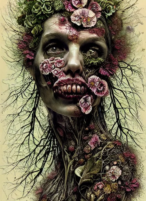 Image similar to beautiful and detailed rotten woman corpse made of fractal plants and many different types of flowers, muscles, veins, arteries, intricate, organs, ornate, surreal, john constable, guy denning, dan hillier