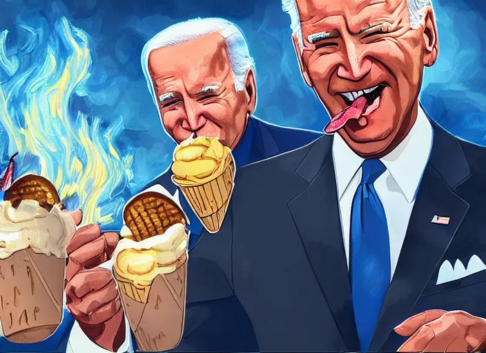 Image similar to cinematic artwork close up of joe biden eating an ice cream with the whitehouse on fire behind him beautiful artwork by rutowski, realistic, 4 k, masterpiece