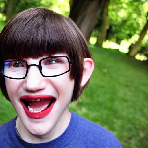 Image similar to an annoying nerd, buck teeth, bowl cut, fisheye lens