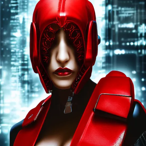 Image similar to realistic digital artwork of cyberpunk female wearing thick leather and steel collar, 4K, red highlights, symetrical,