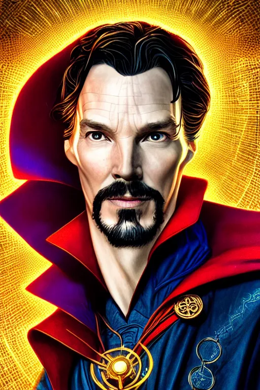 Prompt: Portrait of a doctor strange with dark hair, elegant, photorealistic, highly detailed, artstation, smooth, sharp focus, gold ornaments, neon lighting, sci-fi, art by Klimt