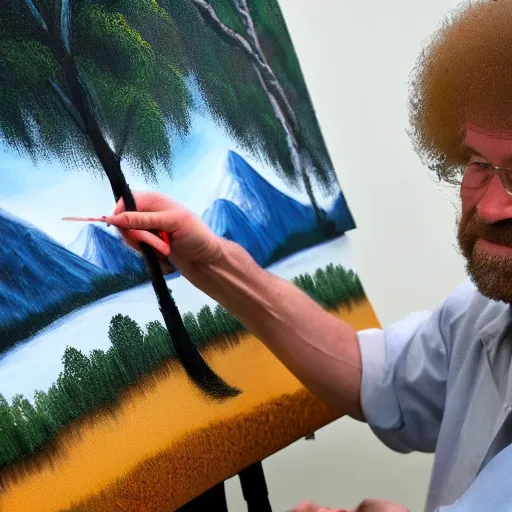 Image similar to a closeup photorealistic photograph of bob ross putting the finishing touches on a canvas painting that includes ashley schaeffer. mountains and trees. film still. brightly lit scene. this 4 k hd image is trending on artstation, featured on behance, well - rendered, extra crisp, features intricate detail, epic composition and the style of unreal engine.