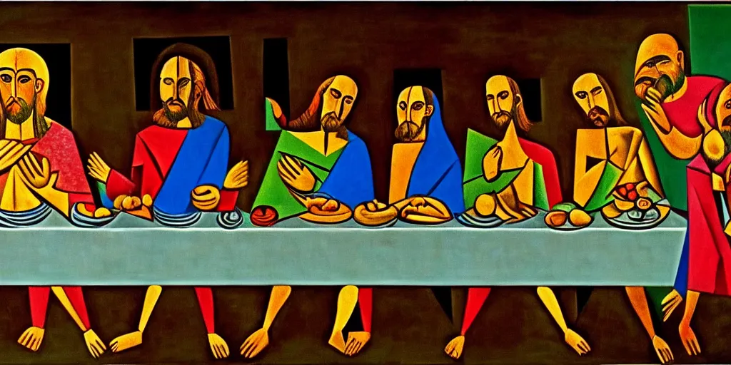 Prompt: the last supper picasso style, whole frame