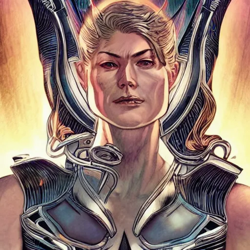 Image similar to Rosamund Pike as a quirky futuristic space witch, intricate, elegant, highly detailed, smooth, sharp focus, detailed face, high contrast, dramatic lighting, graphic novel, art by Ardian Syaf and Pepe Larraz,