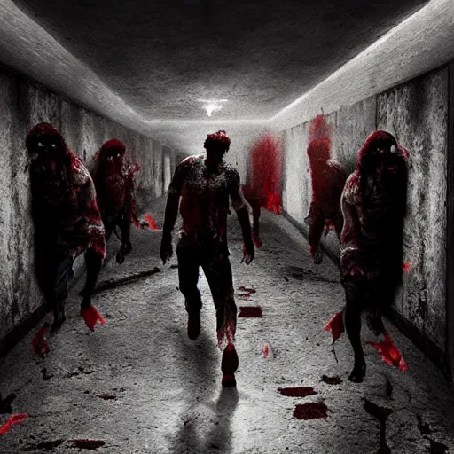 Prompt: “ horde of zombies running through a narrow hallway, bloody, hyper realism, moody lighting, 4 k ”