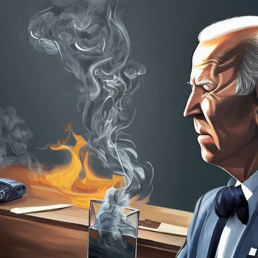 Image similar to joe biden smoking a giant smokey joint while sitting on a couch in a messed up apartment, stoned eyes, smoke, beautiful digital art, amazing detail, artstation, award winning, sharp