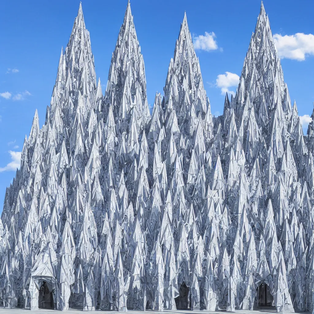 Image similar to an origami cathedral viewed from outside, made of paper, blue sky, photorealistic, hd