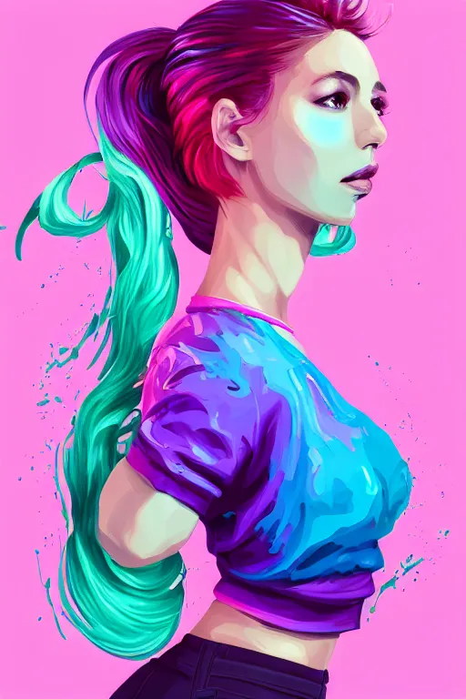 Prompt: a award winning half body porttrait of a beautiful woman in a croptop and cargo pants with ombre purple pink teal hairstyle with head in motion and hair flying, paint splashes, outrun, vaporware, shaded flat illustration, digital art, trending on artstation, highly detailed, fine detail, intricate