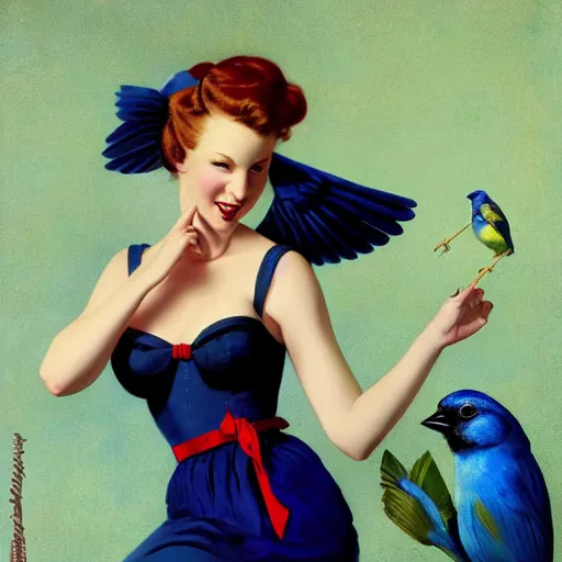 Image similar to portrait of a pinup girl holding an indigo bunting, bird, the bird is wearing a bowtie, by greg rutkowski, rossdraws, gil elvgren, enoch bolles, anime, porcelain skin, very coherent