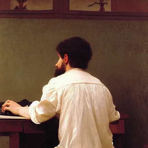 Image similar to an oil painting of an man playing a laptop, view from back, by Bouguereau, highly detailed and intricate,