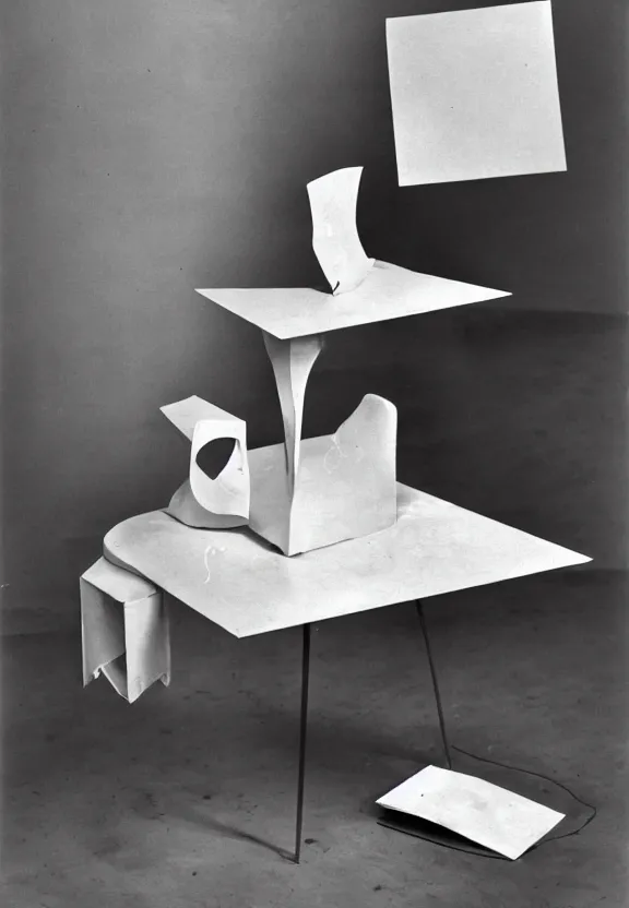 Prompt: a white object with writing on it sitting on a table, a surrealist sculpture by marcel duchamp, archival pigment print, 1 9 1 4, conceptual art, artwork, academic art, surrealist