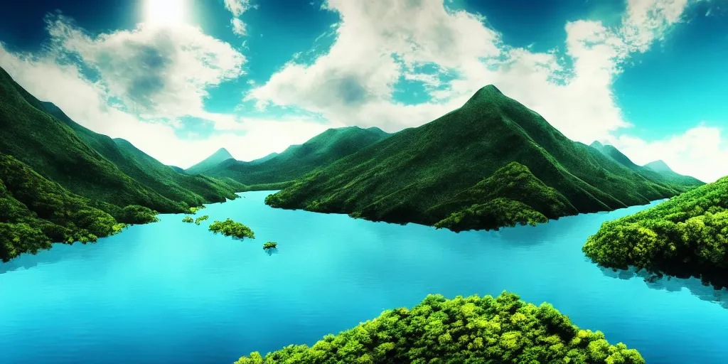 Image similar to dream, photo realism, beautiful nature, sunny day, sunshine lighting high mountains, which are higher than white fluffy clouds with green trees on top, a small wooden bridge connecting two mountains, ocean beneath the mountains with clear blue water, whales jumping and showing from the waves, cinematic, 8k, highly detailed