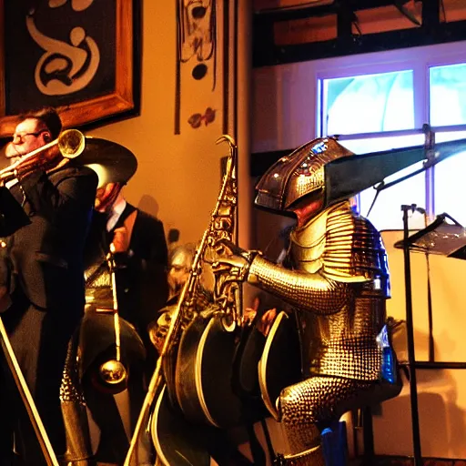 Prompt: medieval armoured knight jazz band on stage at the blue note