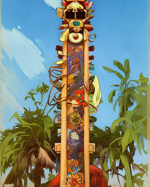 Prompt: a painting of a tribal tiki hut with a totem pole by its side, a surrealist painting by alphonse mucha, beeple, Edward Hopper and James Gilleard, Zdzislaw Beksinsk, by Jesper Ejsing, by RHADS, Makoto Shinkai and Lois van baarle, trending on deviantart, pop surrealism, lowbrow, grotesque, whimsical