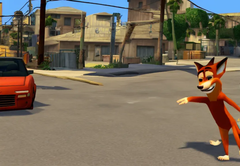 Prompt: A screenshot of Nick Wilde in GTA San Andreas.