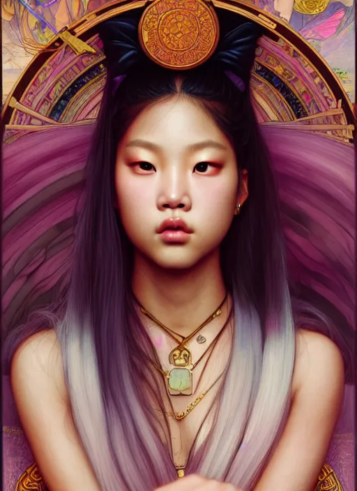 Image similar to jennie kim of blackpink, queen, tarot card, highly detailed, digital painting, smooth, sharp focus, illustration, ultra realistic, unreal engine, 8 k, art by simon bisley and greg rutkowski and alphonse mucha