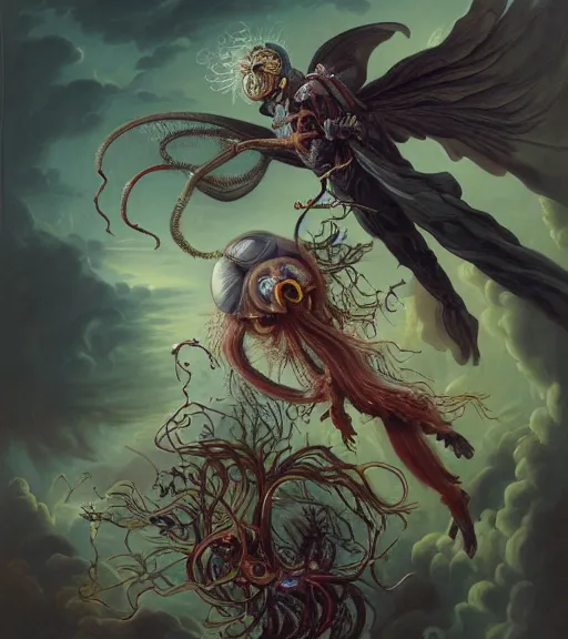 Image similar to an anatomical oil painting of a Harpy jellyfish from a medical journal by Peter Mohrbacher and Nychos, highly detailed, high detail, 8k, storm clouds, birds, dramatic lighting