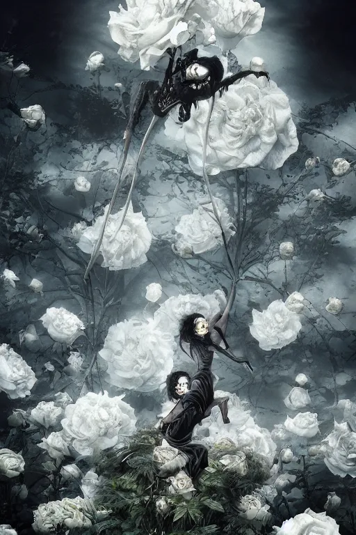 Prompt: Surreal Shinigami of Death Floating in the air, in the middle of a garden of white roses and Dhalias, photo realistic, insanely detailed, mist, trending on artstation, golden ratio, ultra super good realistic 3D render by Gerald Brom