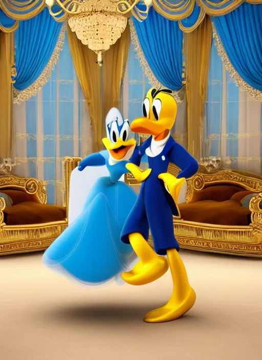 Prompt: cinderella and donald duck on a date the ritz, octane render, elegant, cinematic, elegant, intricate, 8 k