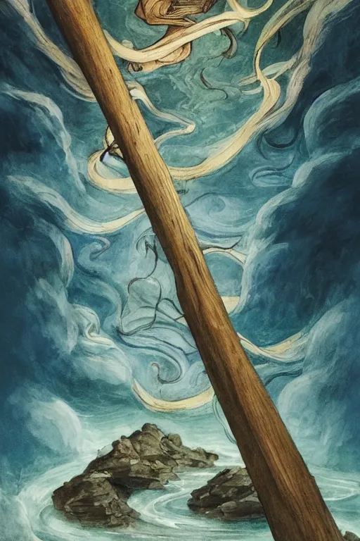 Image similar to the eight of wands tarot card shows eight sprouting wands sailing through the air at high speed.. the sky is clear and the beautiful river is flowing freely, beautiful landscape, 8 wands flying through the air, beautiful artwork by steve skroce and william blake, featured on artstation, cgsociety, behance, dramatic lighting, detailed