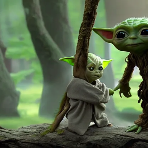 Image similar to Baby Yoda And groot meet each other for the first time 4K quality super realistic