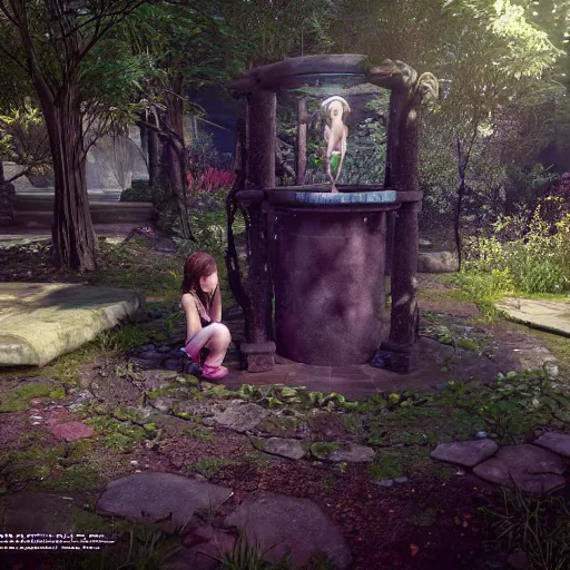 Image similar to E-girl talks to a magical well, in the backyard of an overgrown suburb, beautiful detail, unreal engine, concept art