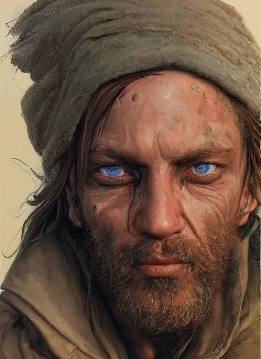 Image similar to a portrait a dirty unwashed homeless man, art by boris vallejo and greg danton and denys tsiperko, detailed, hyperrealism, artstation