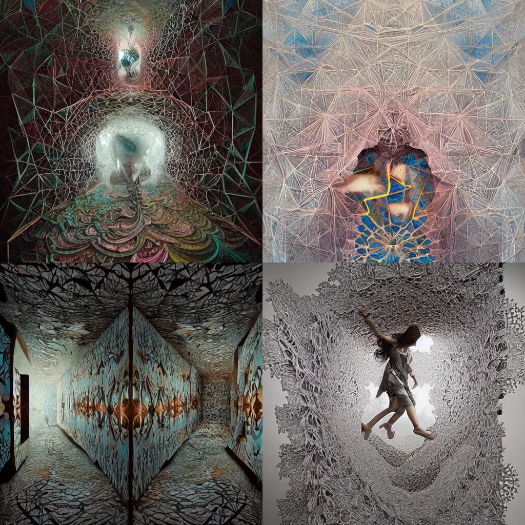 Prompt: watercolor detailed intricate fractal escher patterns by chiharu shiota and peter mohrbacher