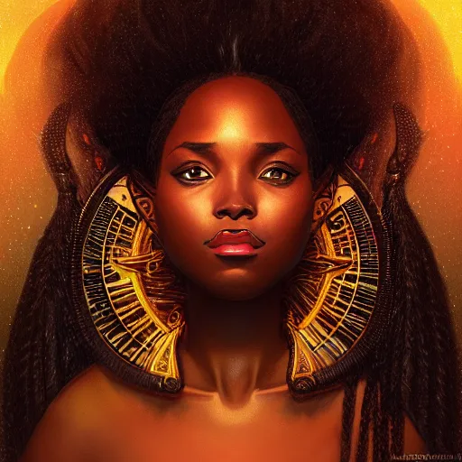 Prompt: black african princess, warm volumetric lighting, cosmic, symmetric, highly detailed, concept art, heavenly, intricate, sharp focus, illustration, alexandros pyromallis, bouguereau, rutkowski, artgerm, alphonse mucha