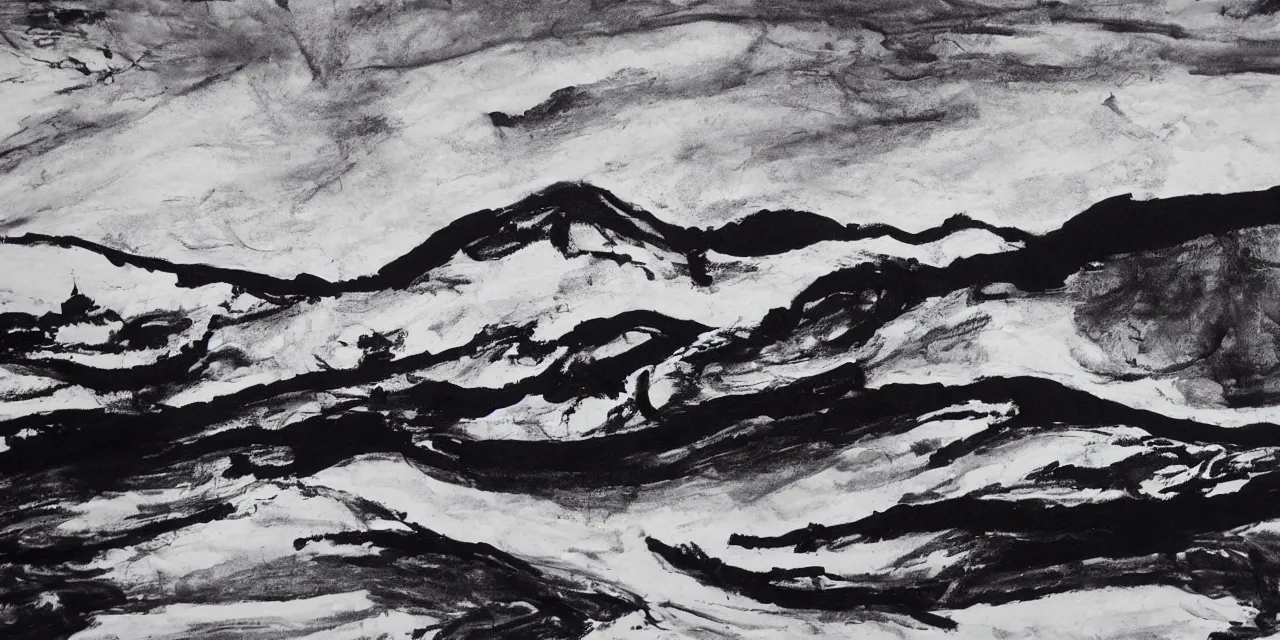 Image similar to laurentian mountains in winter, semi - abstract black ink landscape painting