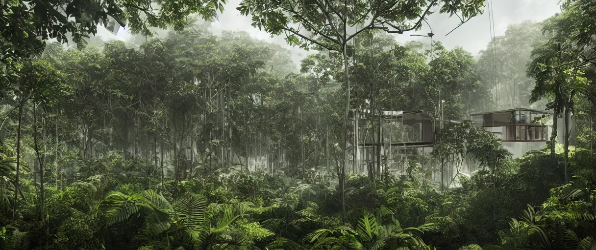 Prompt: architecture inspired by renzo piano deep in the rainforest. nature is taking over. matte painting. unreal engine 5 render. hdr. volumetric lighting. global illumination. atmospheric.