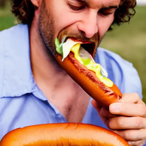 Prompt: a man eating a hot dog, highly detailed