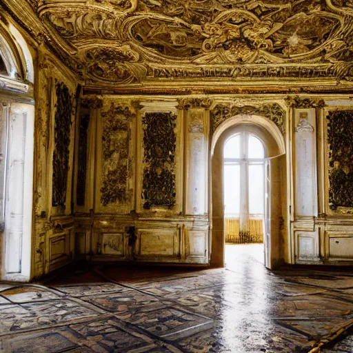 Prompt: inside opulent abandoned overgrown Palace of Versailles ,rplants growing through the floors and walls, walls are covered with vines, dusty golden volumetric light shines through giant broken windows, rich with epic details