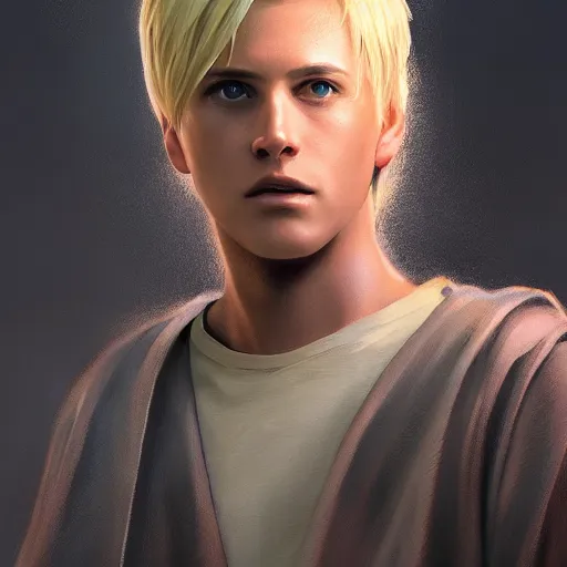 Image similar to a young blonde male jedi with short hair standing still looking at the sunset concept art by Doug Chiang cinematic, realistic painting, high definition, concept art, portait image, path tracing, serene landscape, high quality, highly detailed, 8K, soft colors, warm colors, turbulent sea, high coherence, anatomically correct, hyperrealistic, concept art, defined face, five fingers, symmetrical