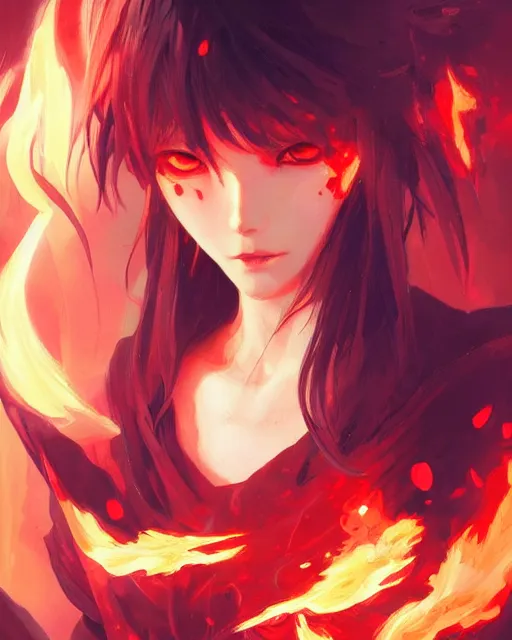 Image similar to red eyed anime girl, flames everywhere, highly detailed, digital painting, artstation, concept art, smooth, sharp focus, illustration, art by artgerm and greg rutkowski and alphonse mucha