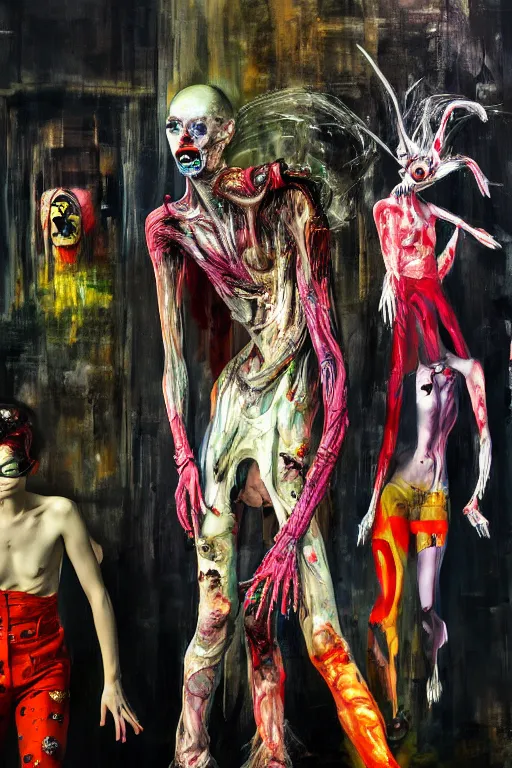 Image similar to crazy fashion catwalk, freak show, one model, crazy clothes, biopunk style, horror, hauntingly surreal, highly detailed painting by francis bacon, edward hopper, adrian ghenie, gerhard richter, and james jean soft light 4 k