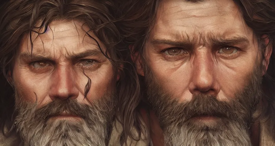 Image similar to close up portrait painting of a bearded survivor, ultra realistic, concept art, intricate details, serious, highly detailed, photorealistic, octane render, 8 k, unreal engine. art by artgerm and greg rutkowski and alphonse mucha