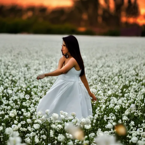 Image similar to a woman dressed in white, standing in an infinite field of white roses, petals in the breeze, fireflies glowing, vivid lighting, professional photography, distance shot, afternoon lighting