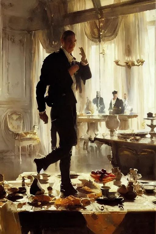 Image similar to portrait of a respectable dignified royal business elite politician standing on top of a finely set table calmly stepping in the food art by anders zorn, wonderful masterpiece by greg rutkowski, beautiful cinematic light, american romanticism by greg manchess, jessica rossier