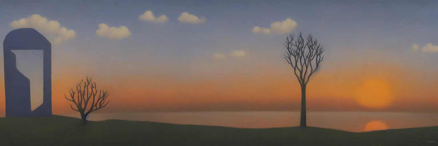 Prompt: sunrise oil painting magritte