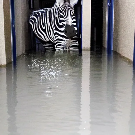 Prompt: a creepy zebra at the end of a flooded basement hallway. craiglist photo.