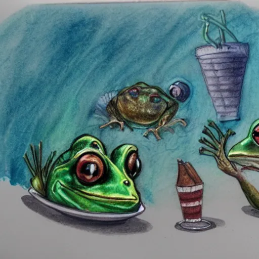 Prompt: pencil and watercolor sketch of two mafia frogs in an underwater restaurant