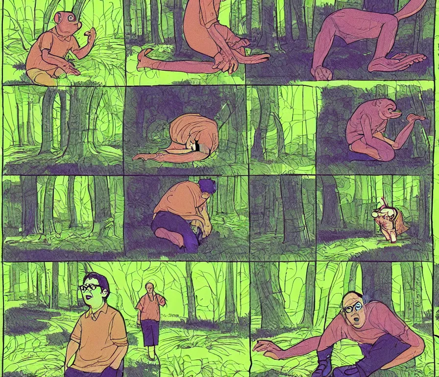 Image similar to character study of todd solondz tripping on mushrooms | vivid colors : storyboard, concept design, realistic. by gabriel hardman, joe alves, j. todd anderson, chris bonura. cinematic atmosphere, detailed and intricate, perfect anatomy