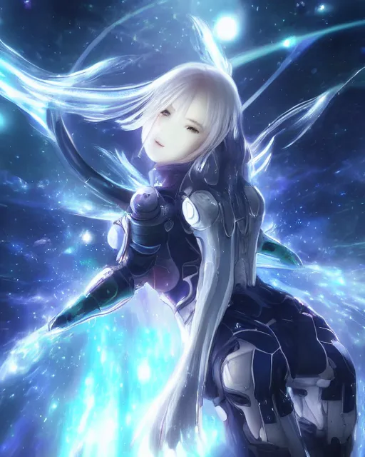 Image similar to photo of anime girl on a mothership, warframe armor, beautiful face, scifi, nebula, futuristic background, galaxy, raytracing, dreamy, focused, sparks of light, pure, long white hair, blue cyborg eyes, glowing, 8 k high definition, insanely detailed, intricate, innocent, art by akihiko yoshida, li zixin, woo kim