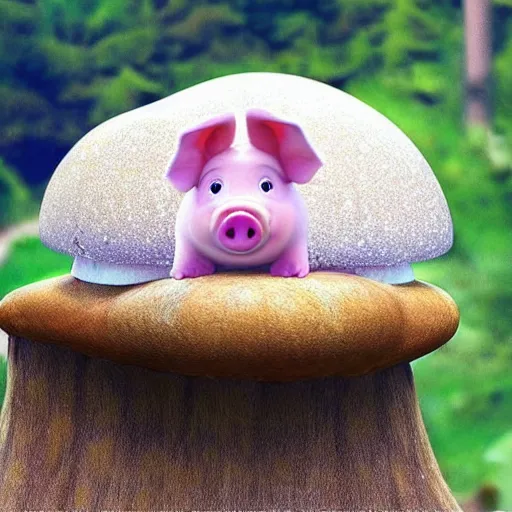 Image similar to “ pixar style pig meditating on top of a giant mushroom cap. ”
