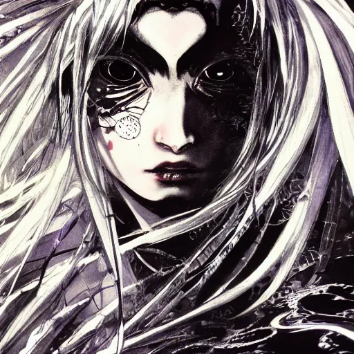 Prompt: Yoshitaka Amano blurred and dreamy illustration of an anime girl with black eyes, wavy white hair fluttering in the wind and cracks on her face wearing elden ring armor with engravings, background with abstract black and white patterns, noisy film grain effect, highly detailed, Renaissance oil painting, weird portrait angle, three quarter view