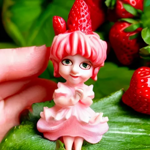 Prompt: a femo figurine of a cute funny strawberry fairy sitting made of strawberry jam