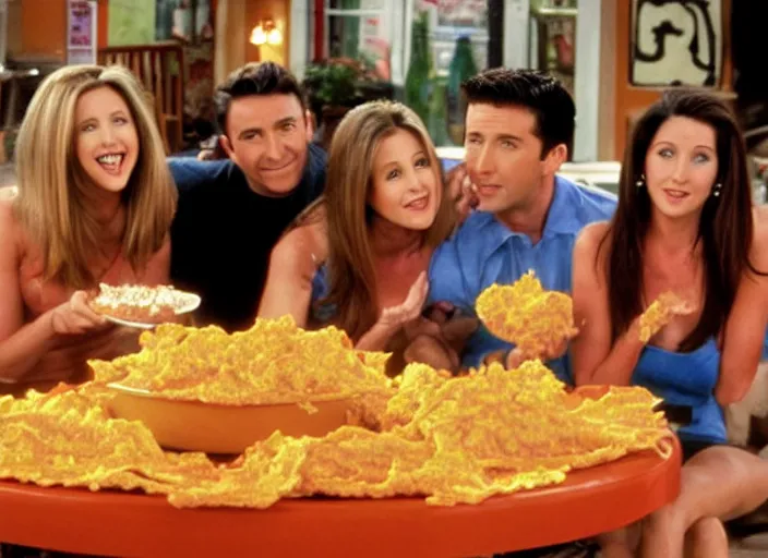 Image similar to the episode of Friends where everyone gets covered with nacho cheese hd