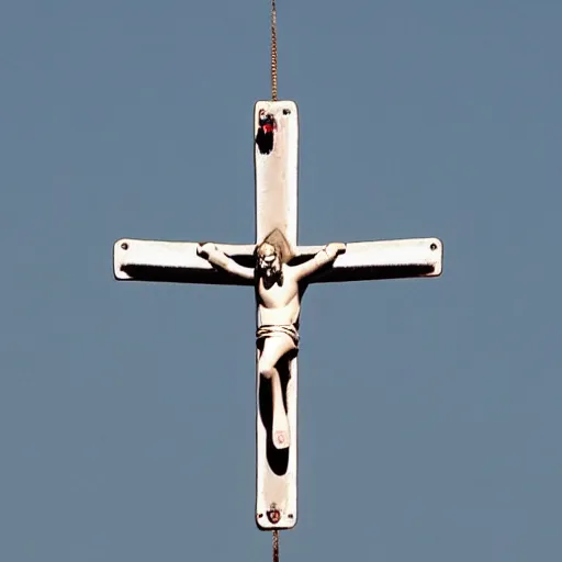 Image similar to jesus crucifixes on top of a fighter jet