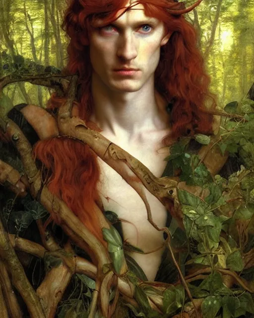 Prompt: sexy elven man with long red hair and green eyes wearing eye patch over one eye in dusky forest by edgar maxence and caravaggio and michael whelan and delacroix style, artistic, intricate drawing, light brazen, realistic fantasy, extremely detailed and beautiful aesthetic face, 8 k resolution, dramatic lighting